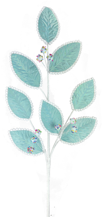 The 28" Blue Iridescent Leave Spray with 8 Stems (86058BL) boasts an elegant white and blue leafy plant design, accentuated by shimmering iridescent leaves and striking blue stems.