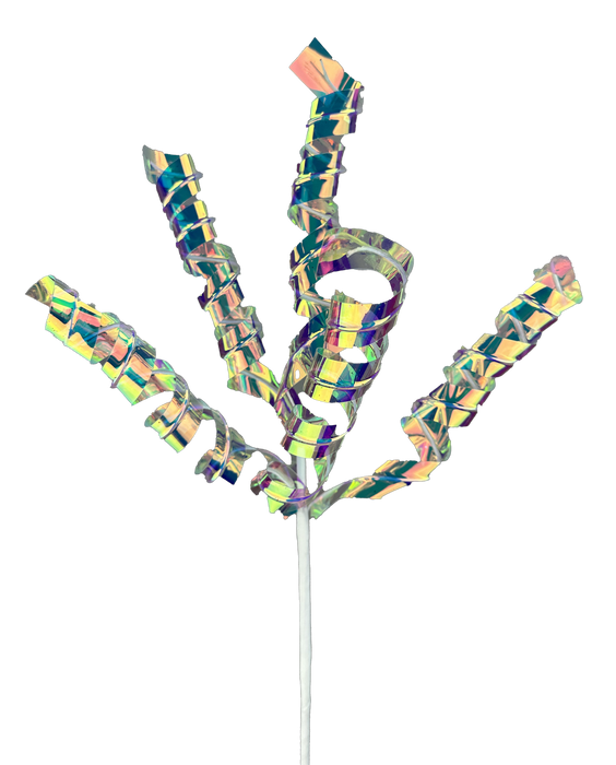 A 20-inch Frizzy Curly Spray with five stems, model number 86063IRDS, designed as a twisted iridescent ribbon sculpture resembling a flower, set against a black background.
