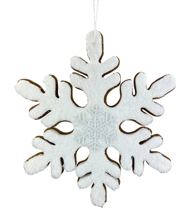 The 12 Diameter Brown and White Gingerbread Snowflake Ornament (86249BNWT) features a textured surface and subtle snowflake pattern, hanging by a thin string.