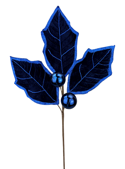 The 30 Blue Holly Lvs Spray with 3 Stems (86264BL) features dark blue velvet-textured leaves and two shiny blue ornaments on artificial stems, perfect for decorative displays.