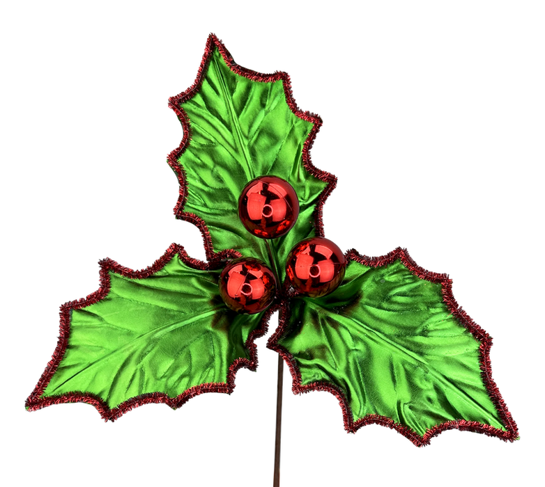 The 16 x 12 Red and Green Metallic Holly Pick (86333RDGN) features three shiny red holly berries, three green holly leaves with red glitter edges, and vibrant red-green accents on a thin brown stem—perfect for festive décor.