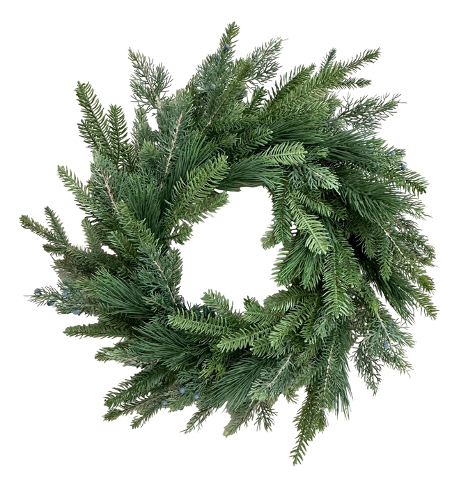 The DIA24x54Tips Green Belgium Pine Wreath 86375WR24 features dense, needle-like pine branches in a classic circular design, creating a fresh festive look against any plain white background.