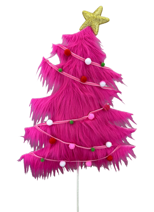 The H28xW12 Hot Pink Fury Christmas Tree Spray 86474HTPK features a fluffy texture, colorful pom-poms, and a glittery gold star topper, creating a vibrant holiday display against a plain white background.