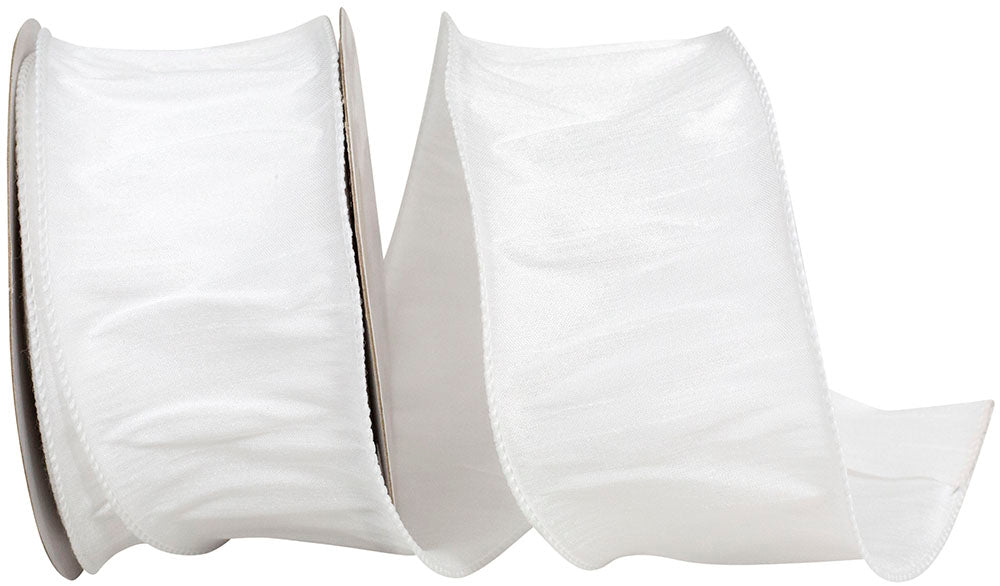Two rolls of 2.5 x 20 Yard Ivory Dupioni Supreme (92975w-810-40h), partially unrolled and side by side, feature a sheer white texture with a subtle sheen, perfect for decoration or crafts.