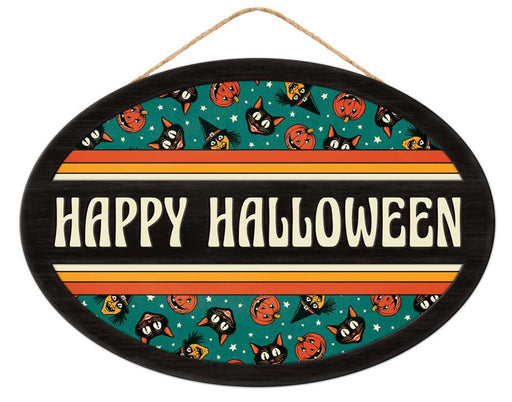 The 13L x 9H Happy Halloween Oval (AP7300) features bold text, cartoon black cat faces, and jack-o-lanterns on a teal, orange, yellow, and ivory MDF/paper background with a striped border and hanging rope.