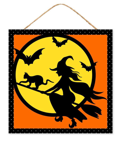 The 10Sq MDF Witch Flying Sign (AP7305) features a witch and her cat flying before a yellow moon, with three bats nearby, framed by a dotted black border in orange, yellow, black, and white.