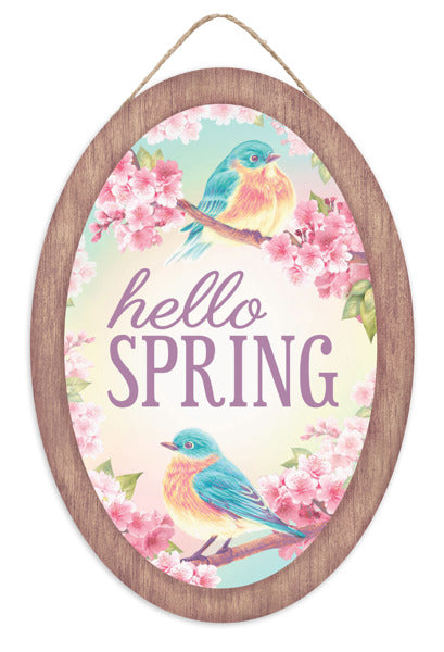 13"HX9"L Brown Pink Turquoise Lavender Yellow Hello Spring With Birds Oval Sign AP7365