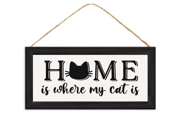 The 12.5L x 6H Black Grey Home Cat Sign (AP7370) features a black cat silhouette in HOME, a black frame, and hangs by a brown string—perfect for adding feline charm to your decor.