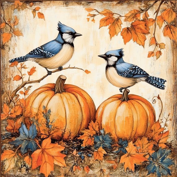 Two blue jays perch on pumpkins next to the 10 x 10 Fall Blue Jays & Pumpkins Sign TTE-290, surrounded by orange and blue autumn leaves for a vibrant fall look with warm, rustic colors.