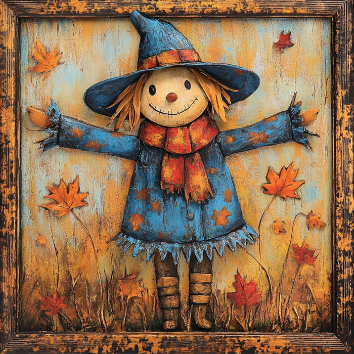 A rustic metal 10 x 10 Rust/Blue Scarecrow Sign (TTE-289) features a smiling scarecrow with a stitched grin, blue hat, and starry blue coat amid autumn leaves—perfect for adding seasonal charm to your décor.