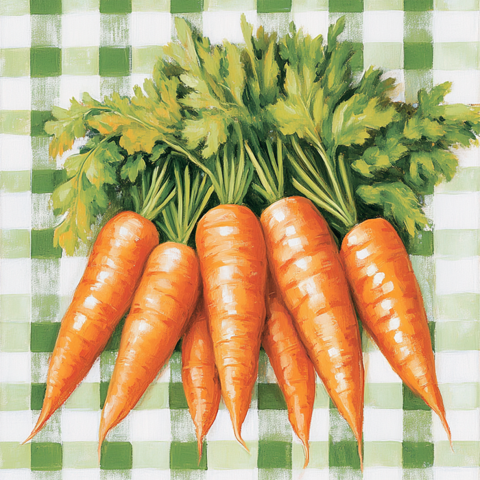 The 10 x 10 Bundle of Carrots Sign TTE-170 features six glossy, vibrant orange carrots with leafy green tops arranged in a row against a green and white checkered background, celebrating the freshness and colors of nature.