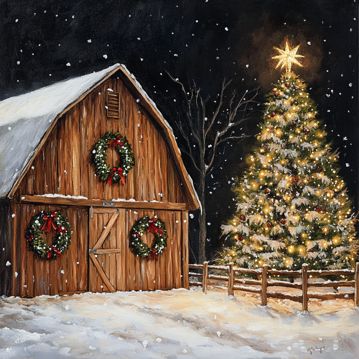 A serene winter night scene features a 10 x 10 Christmas Barn adorned with three wreaths (TTE-059), standing next to a lit tree topped with a glowing star, as snow gently falls, enhancing this festive settings charm.
