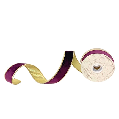 A 1.5 x 10 yards purple velvet ribbon with platinum lame back and platinum edge (DCR2A6815), partially unrolled in a wave shape, is displayed against a white background.