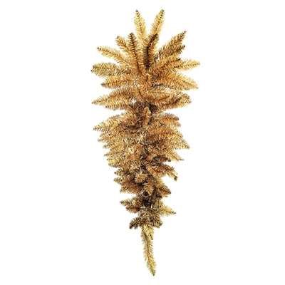 The 30 Champagne Tinsel Teardrop Form DCTD5133CHTS is a gold-colored artificial pine garland with dense branches in a cascading teardrop shape, highlighted by shimmering tinsel, shown against a white background.