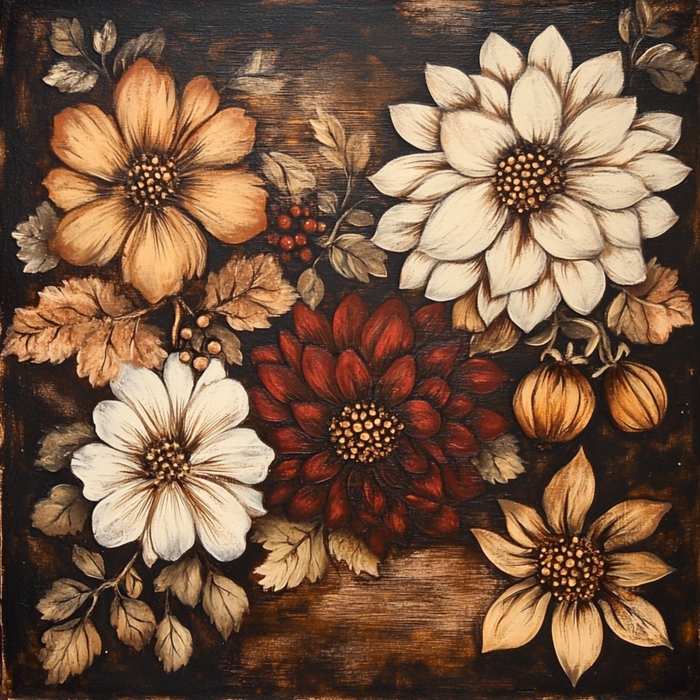 The 10 x 10 Deep-Toned Fall Flowers Sign TTE-278 showcases autumn flowers and berries in burgundy, beige, cream, and black with brown leaves on a dark textured background—perfect for seasonal metal sign décor.