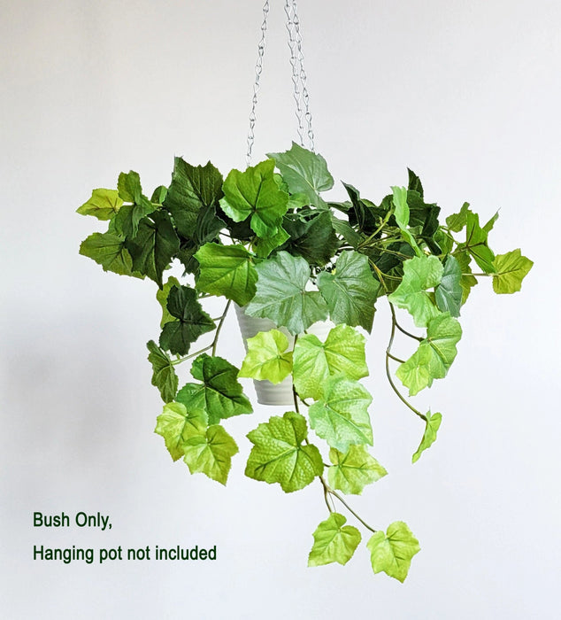 Against a plain white background, the vibrant 19 Green Artificial Grape Leaf Real Touch Hanging Bush E6621230HB with lush green leaves is elegantly shown in a pot suspended by chains. Text in the bottom left corner reads, Bush Only, Hanging pot not included.