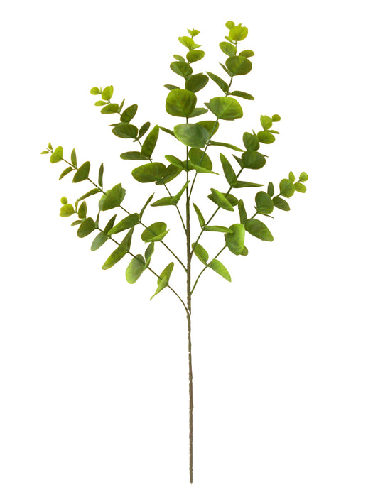 The 24.5 Green Artificial Eucalyptus Bush (E6624487) features seven long stems, each with round, flat leaves, shown isolated on a white background.