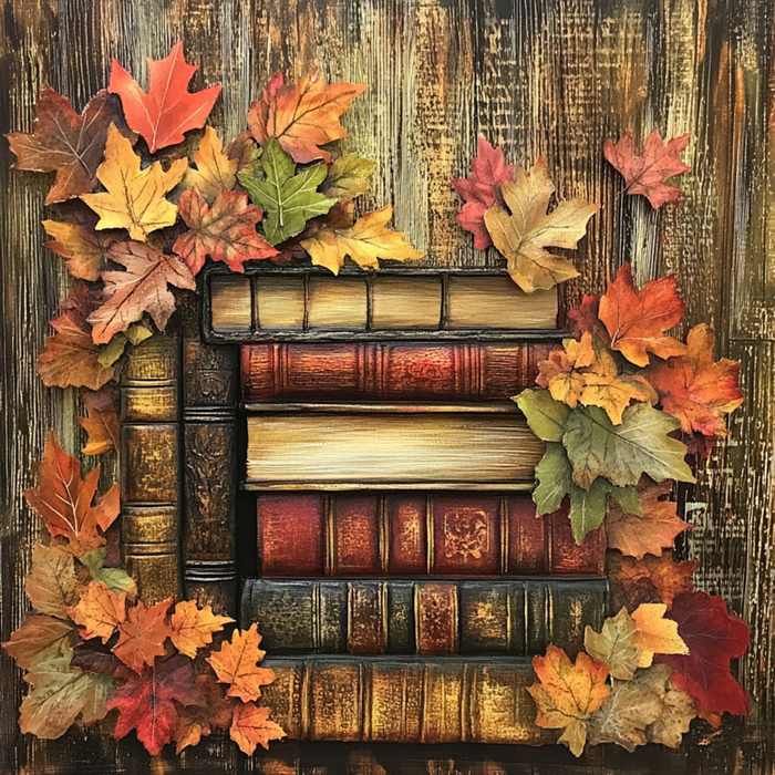 The 10 x 10 Fall Leaves & Books Sign TTE-056 is featured with vintage books and colorful autumn leaves on a rustic wooden background, creating a warm, cozy seasonal vibe.