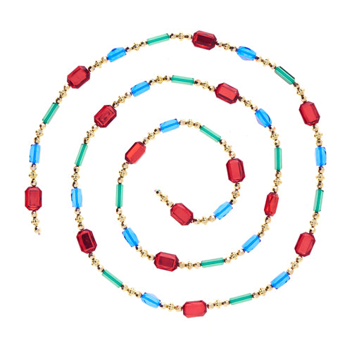 The 6' Multicolor Jeweled Garland G4113515 showcases a spiral design of vibrant red, blue, and green beads interspersed with small gold beads against a white backdrop, creating an eye-catching jeweled garland effect.