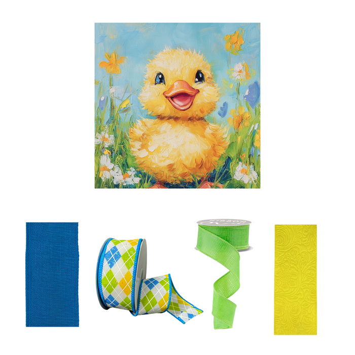 The Joyful Duck Sign & 4 Ribbon Bundle 03122025 features a painting of a smiling yellow duckling in a field of flowers above ribbons in blue, green plaid, light green, and yellow with floral patterns—perfect for cheerful decor.
