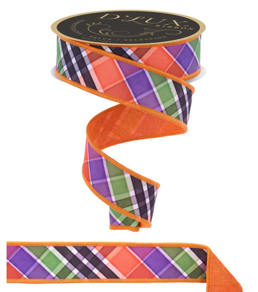 A 1.5 x 10yd Lime/Purple/Black/Orange Bold Plaid Fused Ribbon (LX1118RY), partially unspooled and spiraled, features a colorful plaid pattern with an orange border and a flat section at the bottom.