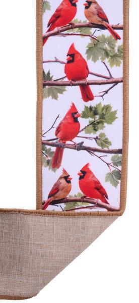 The 2.5 x 10 YD White Brown and Red Cardinals Fused Ribbon LX1138RT showcases red cardinals on leafy branches with a brown border and plain beige lower section—perfect for festive crafts and decor.