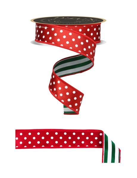 The 1.5 x 10YD Red White and Emerald Polka Dot And Stripe Fused Ribbon (LX30644N) features white polka dots on red with a green-and-white striped reverse, double-sided and partially unrolled in a spiral.