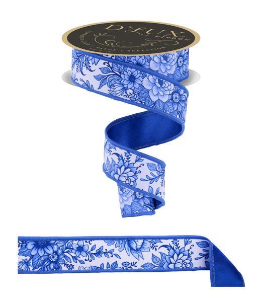 A spool of DLUXE 1.5 x 10YD White and Multi Blue Chinoiserie Floral Fused Ribbon (LX312203) features a blue and white pattern with blue edging, partly unrolled in a loose curve for display. Crafted for durability.