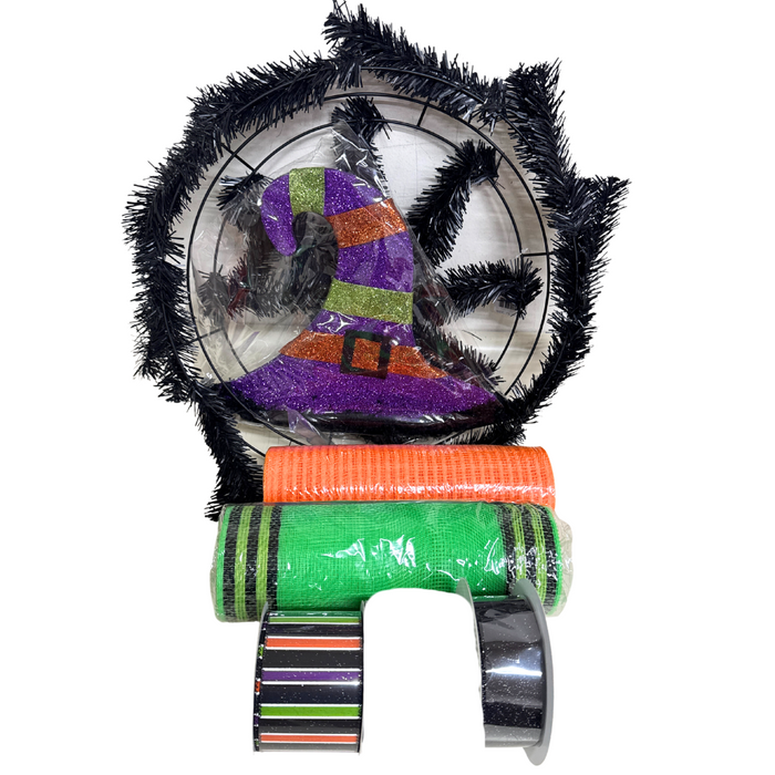 Get creative with the McKenzie Cole Halloween Witch Hat Wreath Kit 08082025! Includes black tinsel wreath, glitter witch hat, orange & green mesh rolls, and two festive ribbon spools—perfect for your spooky Halloween décor.