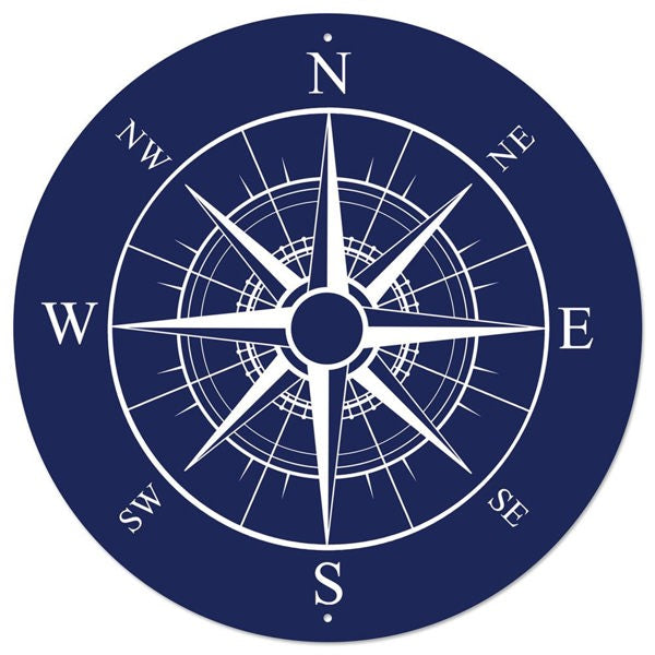 The 12 Diameter Navy Blue/White Metal Compass Sign MD1338 features a circular compass rose with white cardinal and intercardinal markings—ideal as nautical wall decor or a statement piece.