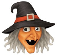 12.25L x 12H metal embossed witch head (MD1379A3) in orange, grey, and black features a cartoon style with a large nose, missing tooth, gray hair, and a black pointed hat with a red band and silver buckle.