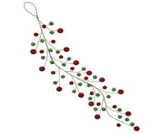 The 53" Glitter Ball Garland Green And Red MTX70409 features small red and green glitter ornaments on thin stems, arranged in a festive, cascading design perfect for holiday décor.