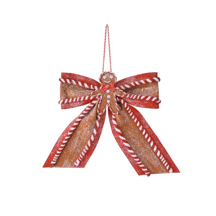 Add festive cheer to your tree with the 15 Brown Red and White Sugar and Spice Gingerbread Bow MTX75785. Featuring glittery accents and a red and white hanging string, this charming ornament is perfect for Christmas decoration.
