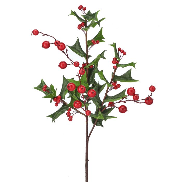 The 31 Green and Red Pacific Northwest Holly with Berries Spray (MTX76027) features glossy green spiky leaves and bright red berries on brown stems, ideal for festive decor.