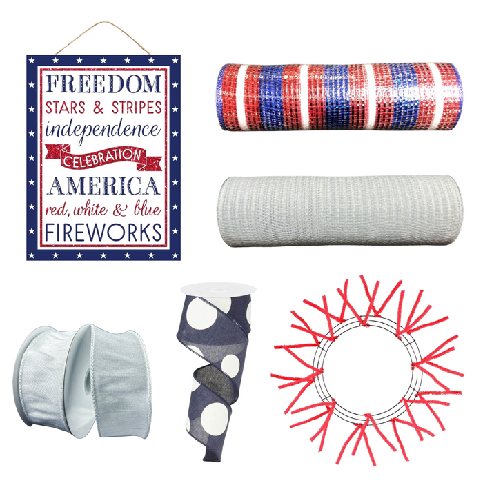 The McKenzie Cole Patriotic Wreath Kit 03112025 includes a Freedom sign, red, white & blue stripe mesh rolls, white faux dupioni ribbon, and a red wire wreath frame—perfect patriotic supplies for American Independence Day.