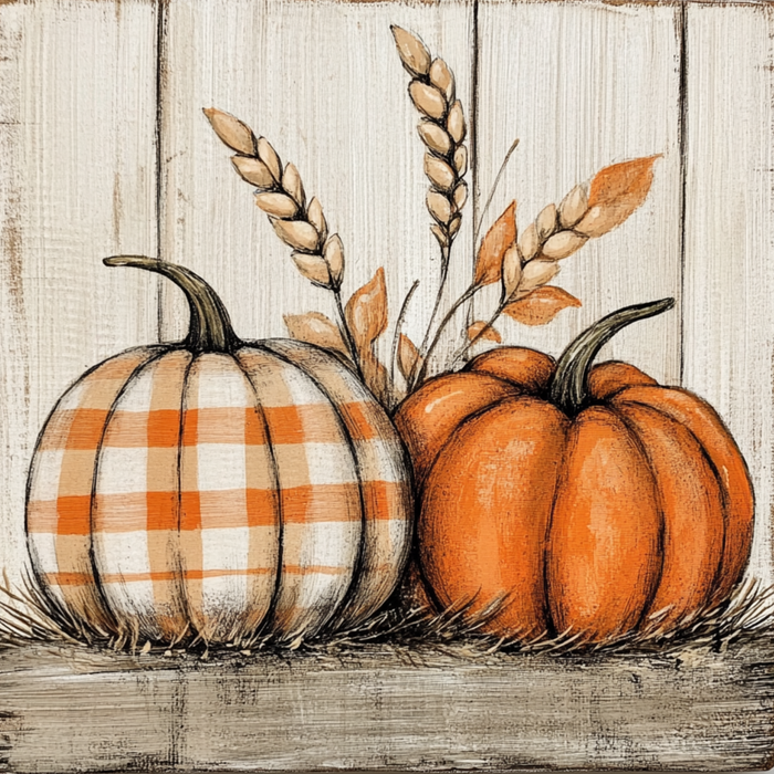The 10 x 10 Patterned Pumpkin & Wheat Sign (TTE-301) features two pumpkins—one orange, one orange and white plaid—on grass with wheat stalks, orange leaves, and a wooden backdrop accented by a metal pumpkin.