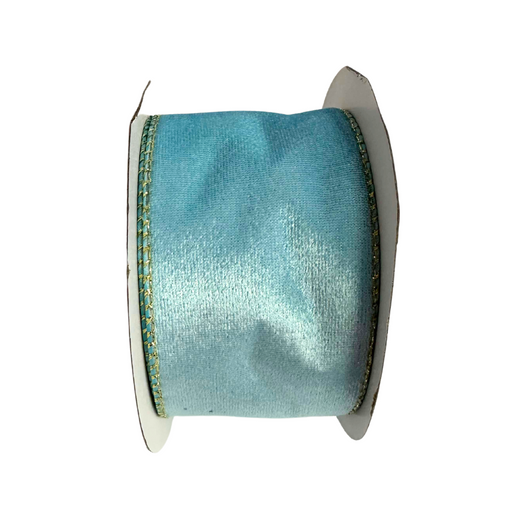 A spool of 2.5 light blue velvet with a satin back ribbon, featuring gold-stitched edges, elegantly wound around a white cardboard reel.