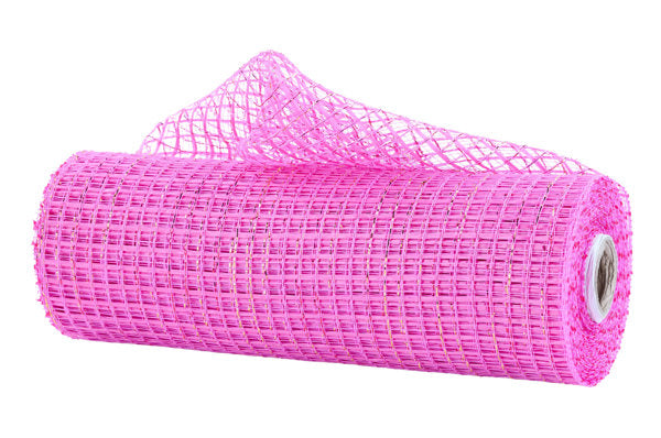 A 10X10Yd Hot Pink Red and Gold Metallic Poly Mesh (RE890511), partially unrolled, is displayed on a white background. The cylindrical mesh features a grid-like pattern.