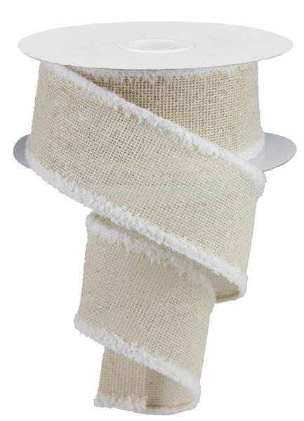 The 2.5 x 10 YD Off White Faux Burlap With Snowdrift Ribbon (RG08190) is shown partially unrolled, its soft snowdrift edges spiraled elegantly against a white background.