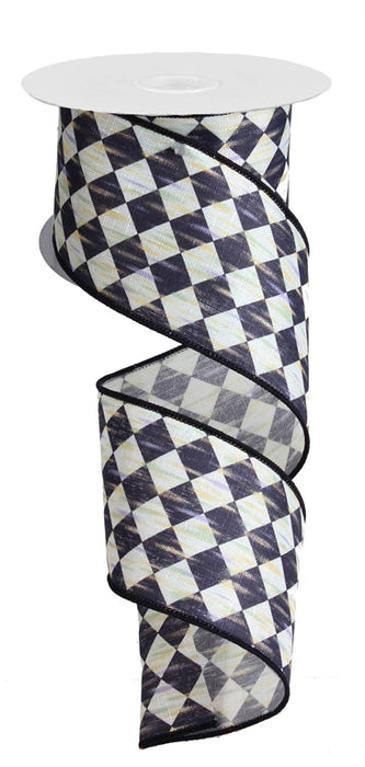 A spool of 2.5 x 10 YD Black and Cream Antique Diamond Plaid Ribbon (RG116794) with an elegant black and cream checkered pattern unfurls gracefully in a spiral.