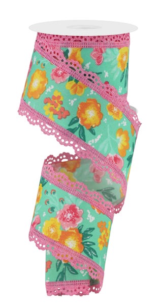 The 2.5X10YD Mint Green/Multi Soft Florals/Scalloped Lace Ribbon RGC8126AN showcases bright yellow and pink flowers on a mint green background, complete with scalloped lace edging.