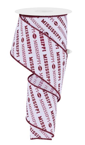 The 2.5X10Yd Mississippi Diagonal Pattern White/Maroon RGF1122 ribbon features MISSISSIPPI and a maroon circle logo with maroon edging—perfect for adding school spirit to crafts or décor projects.