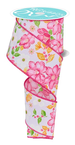 A spool of 2.5X10YD ribbon featuring pink, green, and orange watercolor flowers with yellow highlights on a white background offers a charming display. (RGF1154WT).