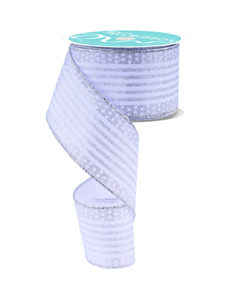 A partially unraveled spool of 2.5X10YD White/Silver Vertical Stripe/Dot Edge Ribbon RGF151085, featuring a light blue shade with metallic shimmer and standing upright, has a green label on top.