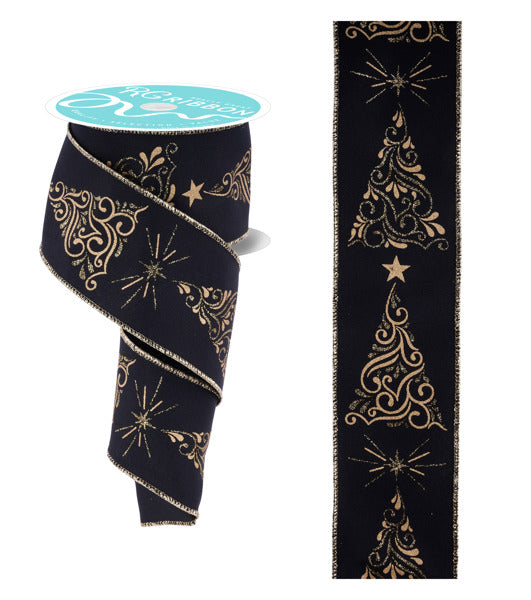 A 2.5x10yd spool of Black/Gold Metallic Swirl Christmas Trees Ribbon (RGF162302), partially unrolled to reveal intricate gold glitter designs of trees, stars, and bursts on a shimmering background.