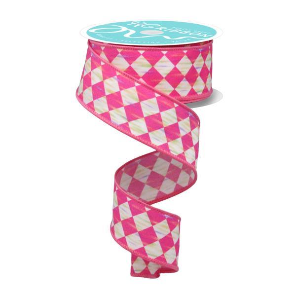 The 1.5 x 10YD Hot Pink and White Antique Diamond Ribbon RGF162511 features a playful pink and white harlequin diamond pattern, perfect for adding an elegant touch to any craft or décor project.