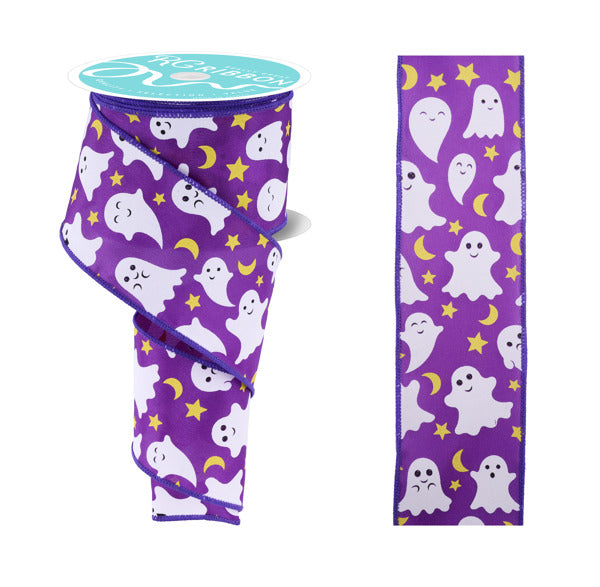 A 2.5x10yd spool of Purple/White/Yellow/Black Ghost/Moon/Star Ribbon (RGF189723), partially unrolled to showcase its white cartoon ghosts, yellow stars, and crescent moons on a purple background.