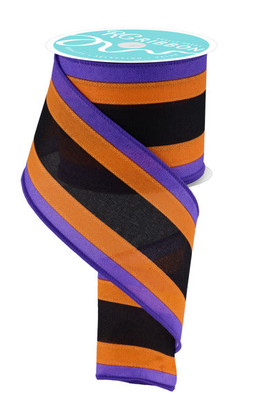 The 3.25 X 10Yd Black/Orange/Purple Faux 3-In-1 Vertical Stripe Ribbon (RGF1983YR) features wide black and orange stripes with thin purple edges, partially unrolled in a spiral.
