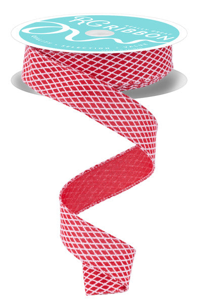 A spool of 7/8 x 10yd Red/White Mini Harlequin Ribbon RGF769524 unwinds in a loose spiral, displaying its red and white diamond pattern, with the ribbon attached to a flat, round label on top.