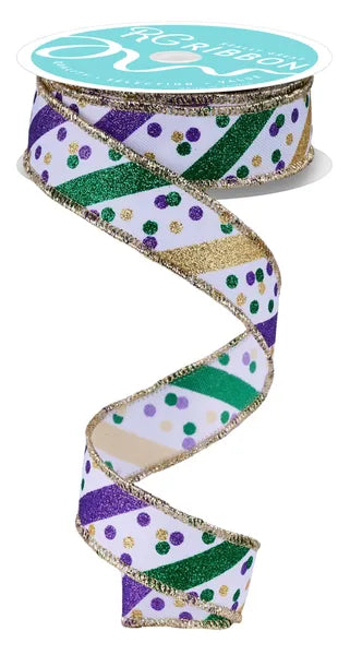 The 7/8X10YD White Mardi Gras Glitter Stripe W/Confetti Dots Ribbon (RGF7992C6) features white fabric with green, purple, and gold glitter diagonal stripes, confetti dots, and gold glitter trim.